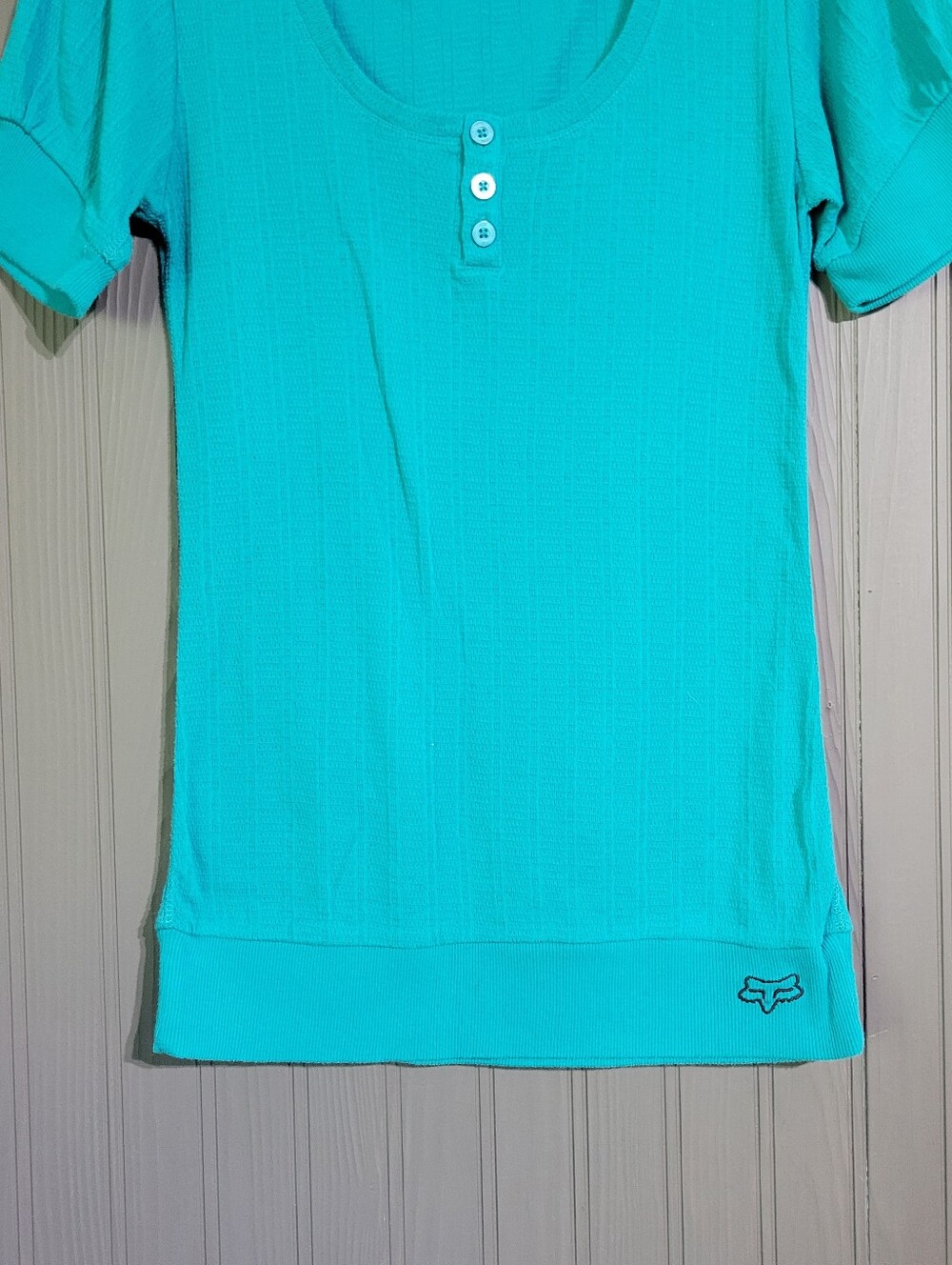 FOX Short Sleeve Knit Henley Shirt Round Neck Teal Women's Small - Picture 4 of 7
